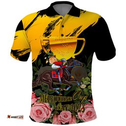 Personalised Australia Melbourne Cup Day Polo Shirt 2023 Horse Racing Trophy With Roses