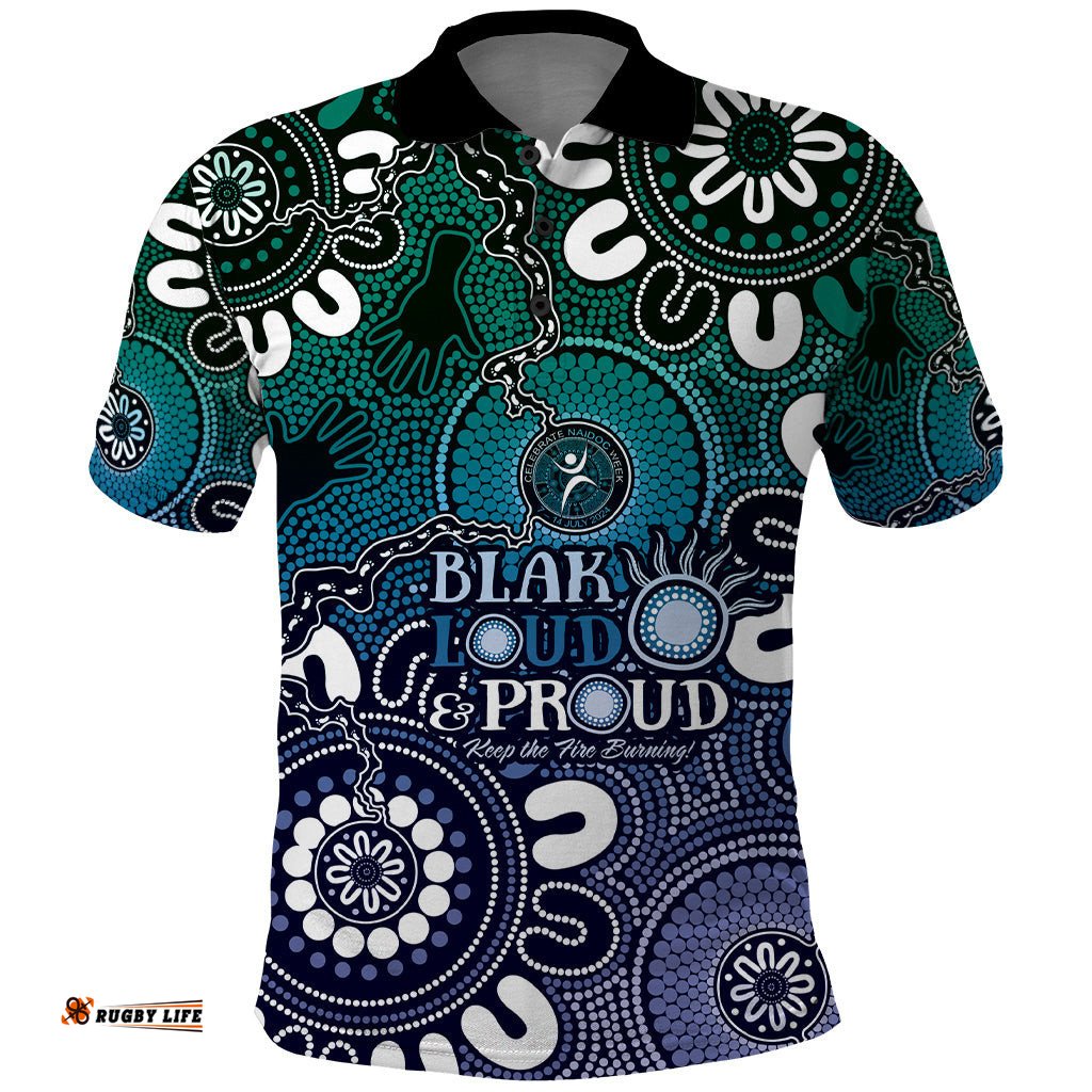 NAIDOC Week 2024 Fire Burning Polo Shirt Aboriginal Dots Blue Art