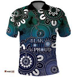NAIDOC Week 2024 Fire Burning Polo Shirt Aboriginal Dots Blue Art
