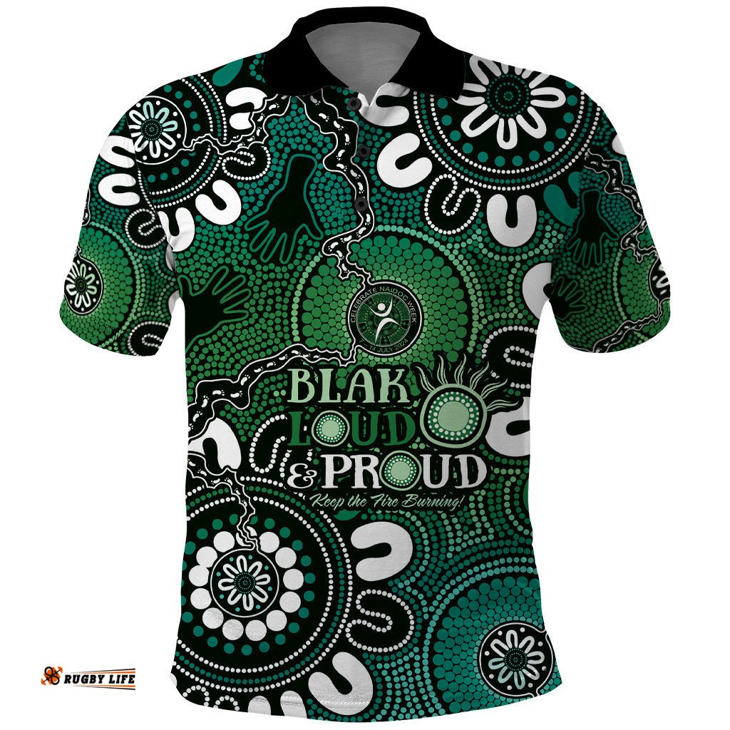 NAIDOC Week 2024 Fire Burning Polo Shirt Aboriginal Dots Green Art