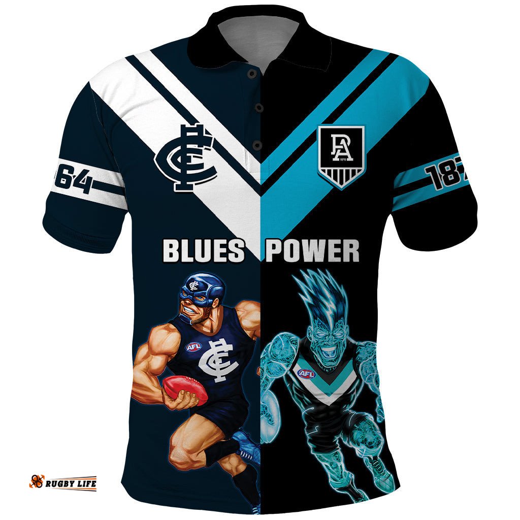 Personalised Carlton And Port Adelaide Football Polo Shirt Blues Mix Power Sporty Version