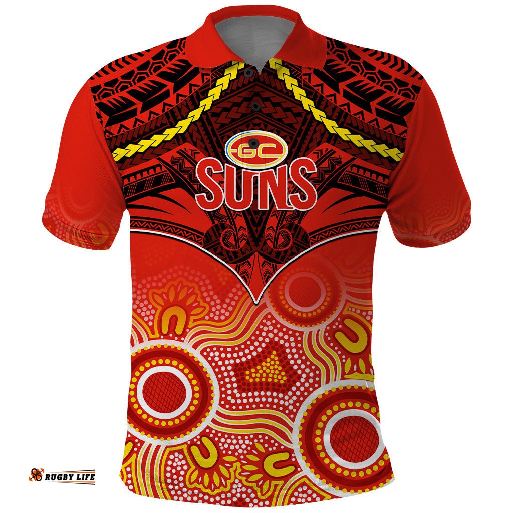 Gold Coast Football Polo Shirt Suns Aboriginal Mix Polynesian Pattern