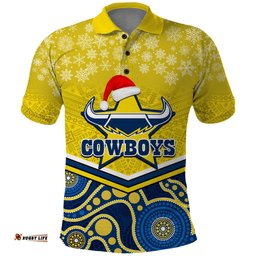 Custom Cowboys Rugby Christmas Polo Shirt Merry Xmas 2023 Mix Aboriginal Art Blue Version