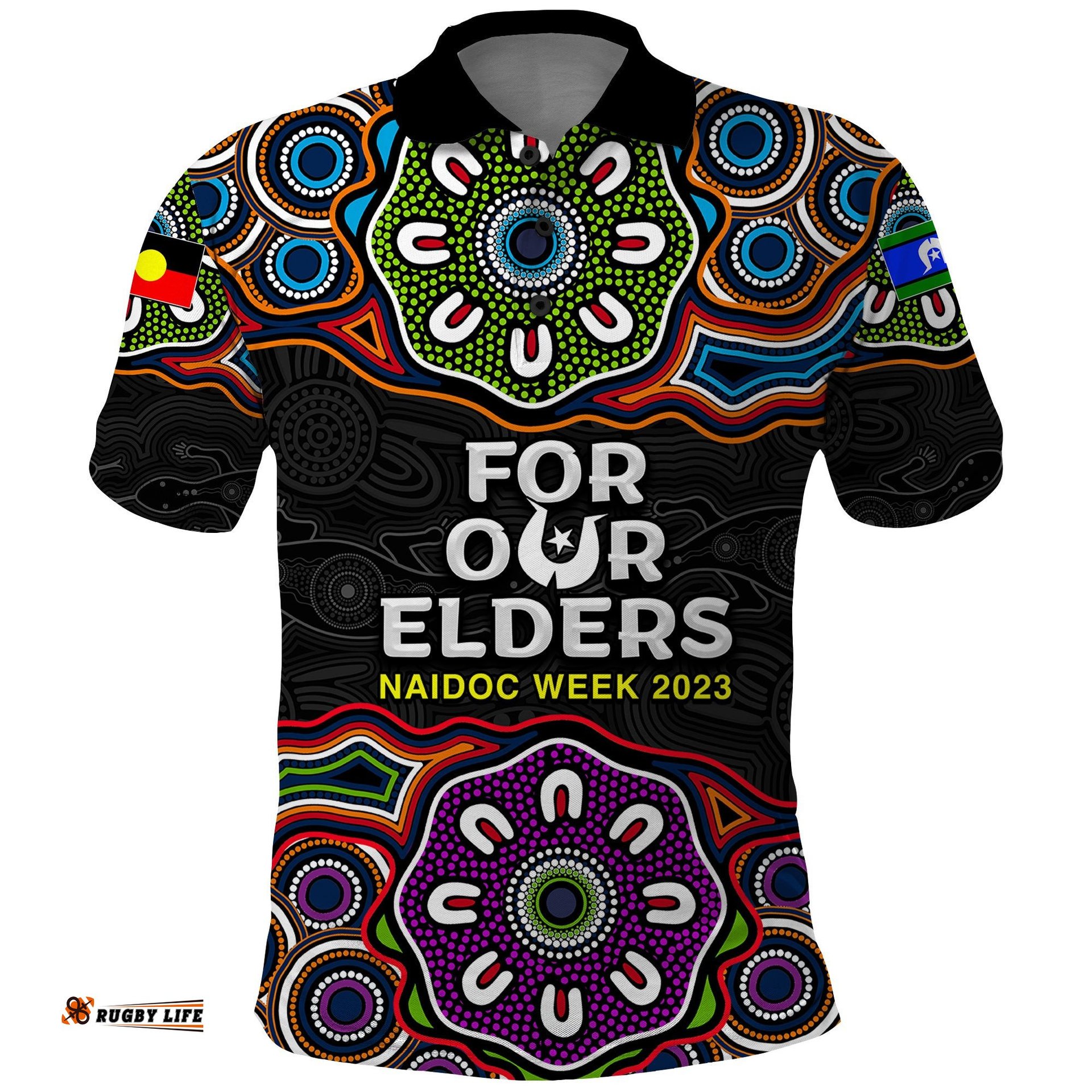 NAIDOC 2023 Polo Shirt Aboriginal Tribal Coloful
