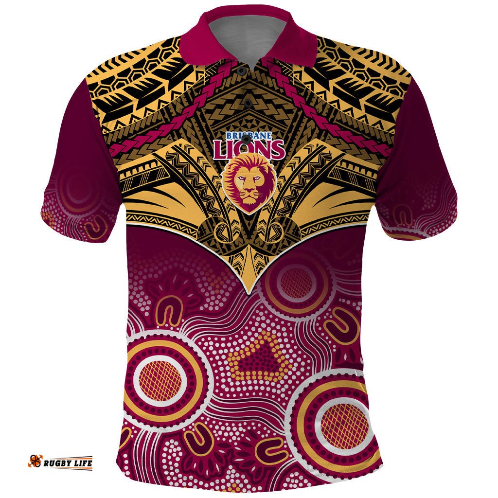 Personalised Brisbane Football Polo Shirt Go Lions Aboriginal Mix Polynesian Pattern