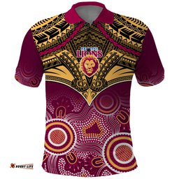 Personalised Brisbane Football Polo Shirt Go Lions Aboriginal Mix Polynesian Pattern