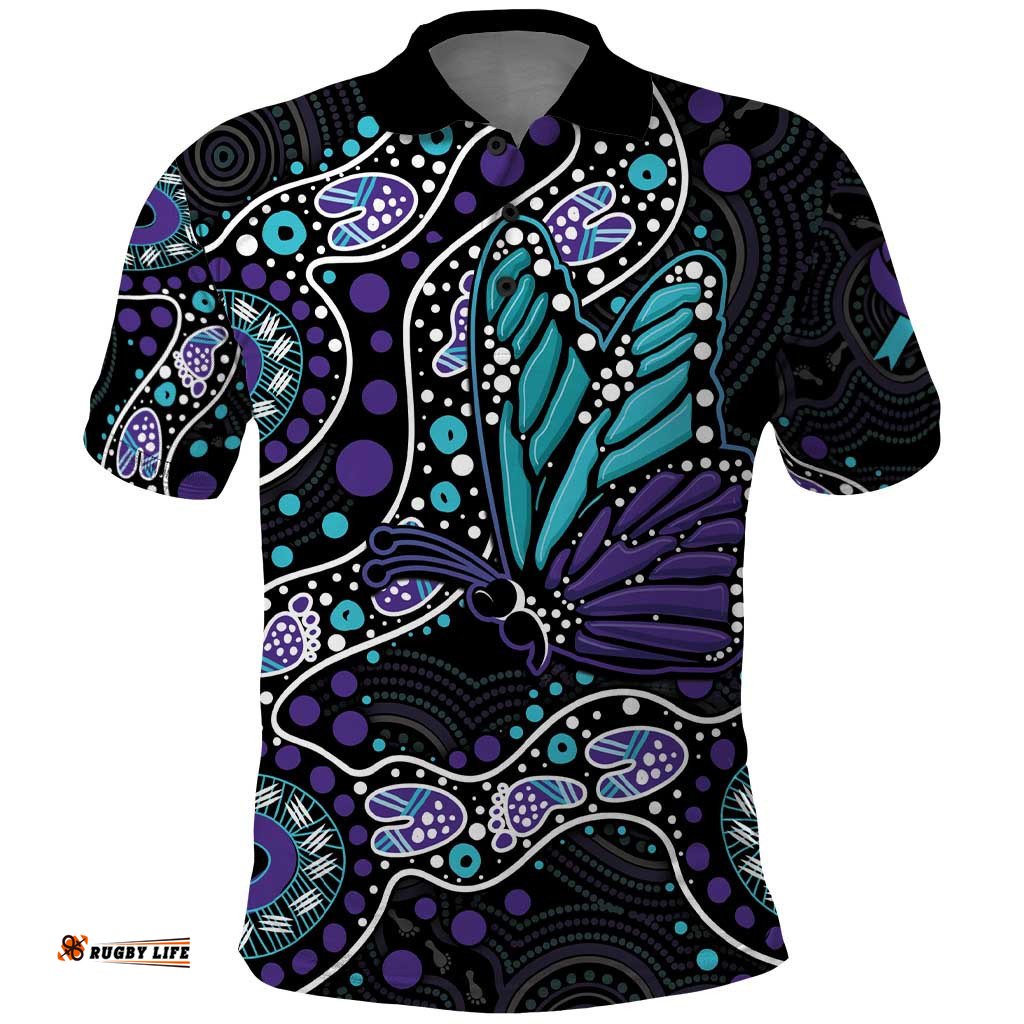 Australia Indigenous Polo Shirt Teal & Purple Ribbon Butterfly Aboriginal Arts