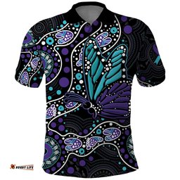 Australia Indigenous Polo Shirt Teal & Purple Ribbon Butterfly Aboriginal Arts