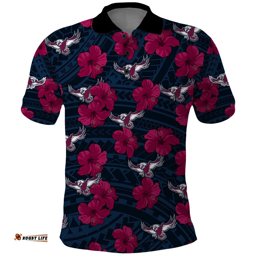 Sea Eagles Rugby Polo Shirt Polynesian Style With Hibiscus