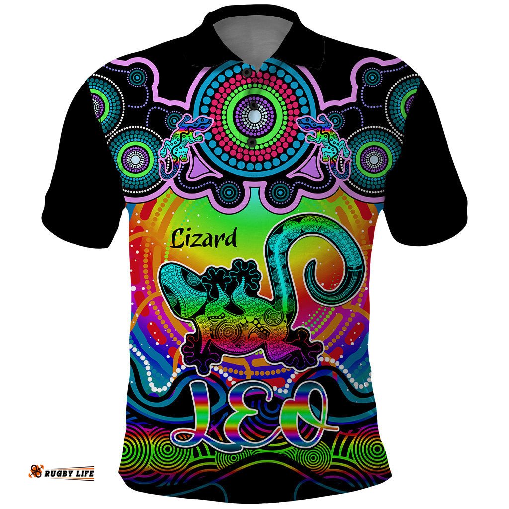 Personalised Australia Leo Lizard Zodiac Polo Shirt Auz Astrology Aboriginal - Rainbow