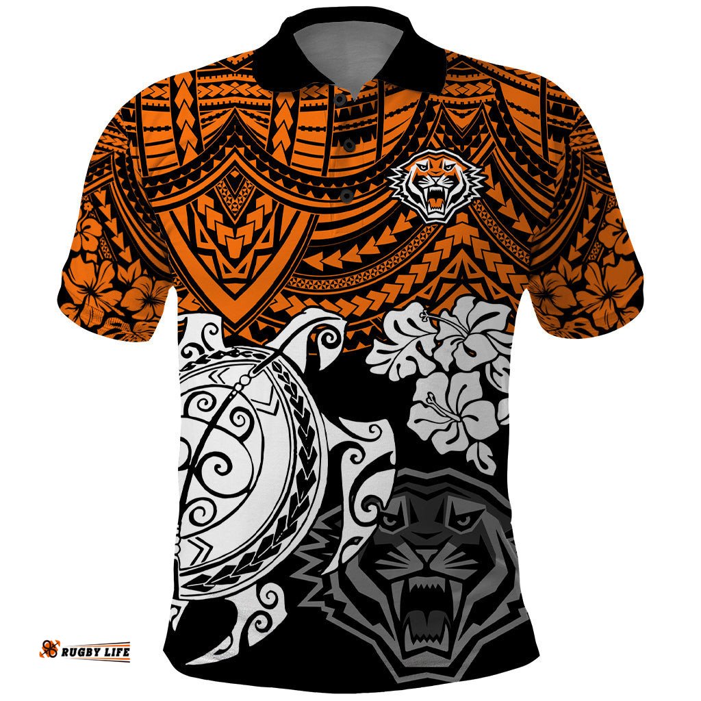 Custom Wests Tigers Rugby Polo Shirt Hibiscus and Turtle With Polynesian Pattern