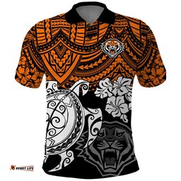 Custom Wests Tigers Rugby Polo Shirt Hibiscus and Turtle With Polynesian Pattern