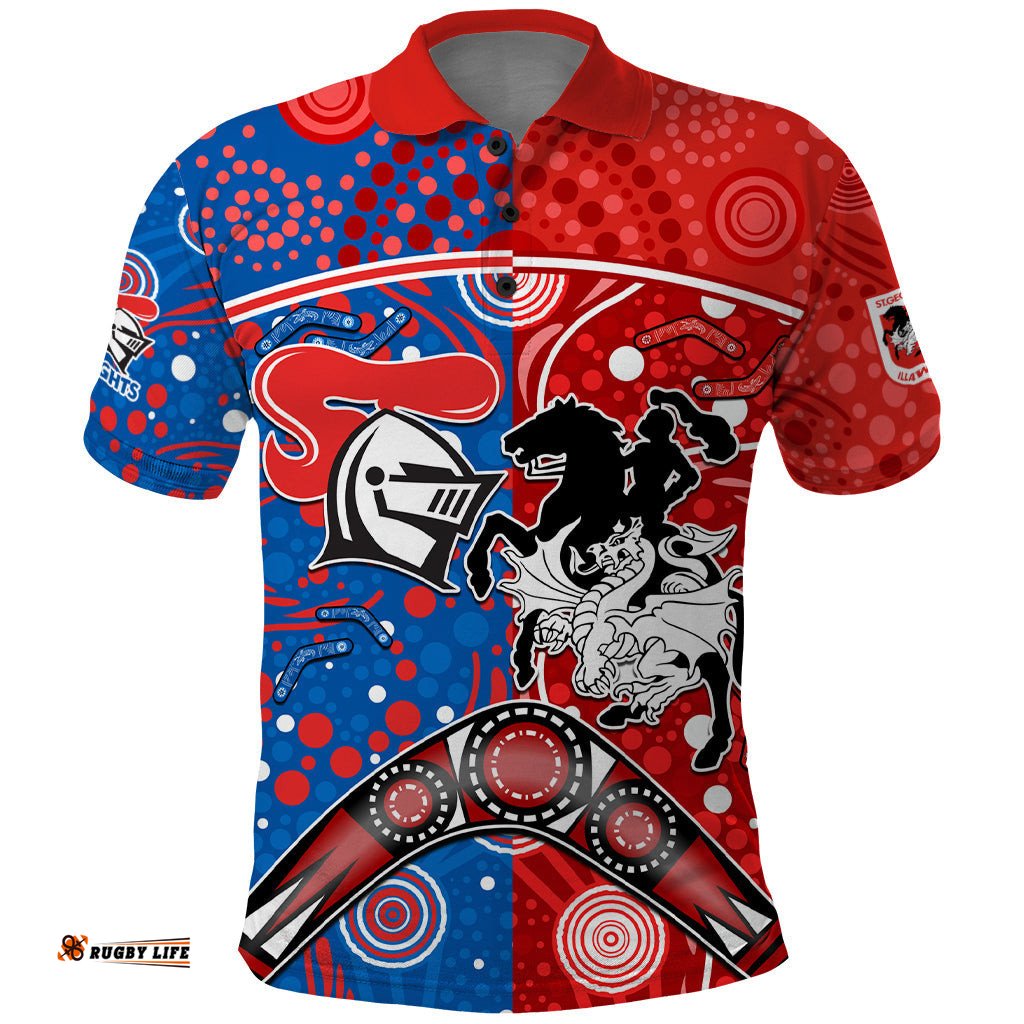 NRL Knights and Dragons Together Polo Shirt Boomerang Indigenous Dots