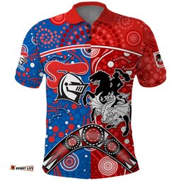 NRL Knights and Dragons Together Polo Shirt Boomerang Indigenous Dots