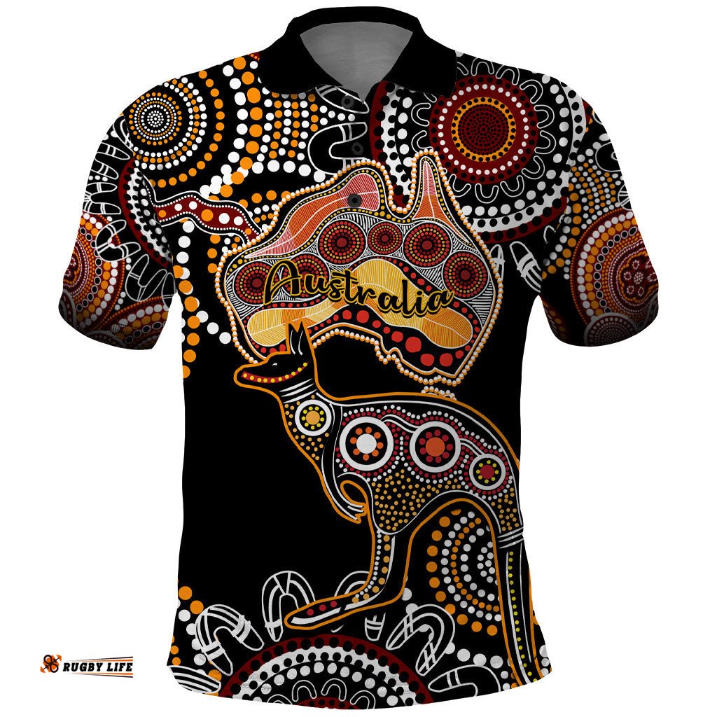 Australia Aboriginal Polo Shirt Australian Map With Kangaroo Indigenous Art