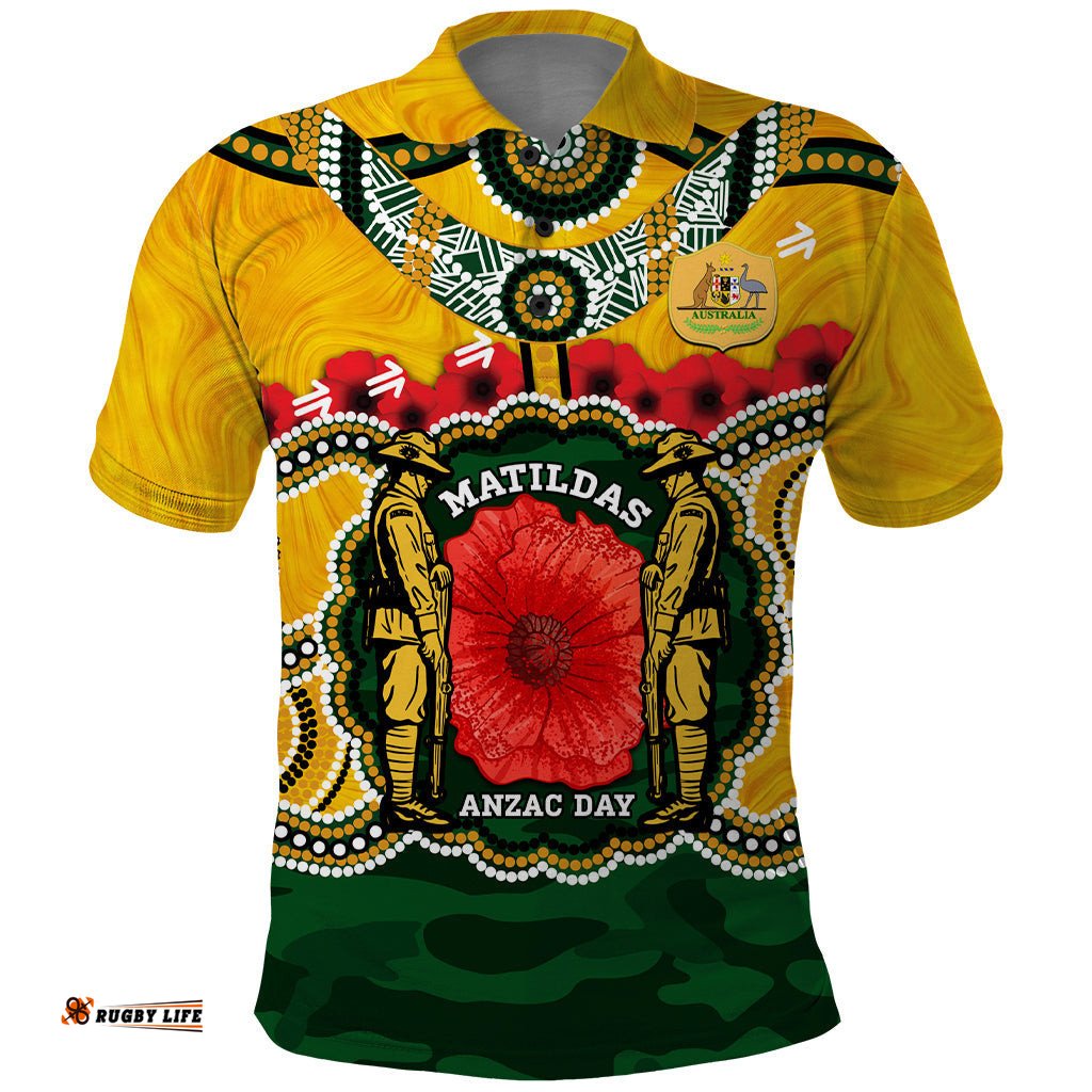 Matildas ANZAC Day 2024 Polo Shirt Australian Army We Will Remember Them Aboriginal Art