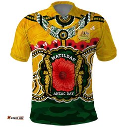 Matildas ANZAC Day 2024 Polo Shirt Australian Army We Will Remember Them Aboriginal Art