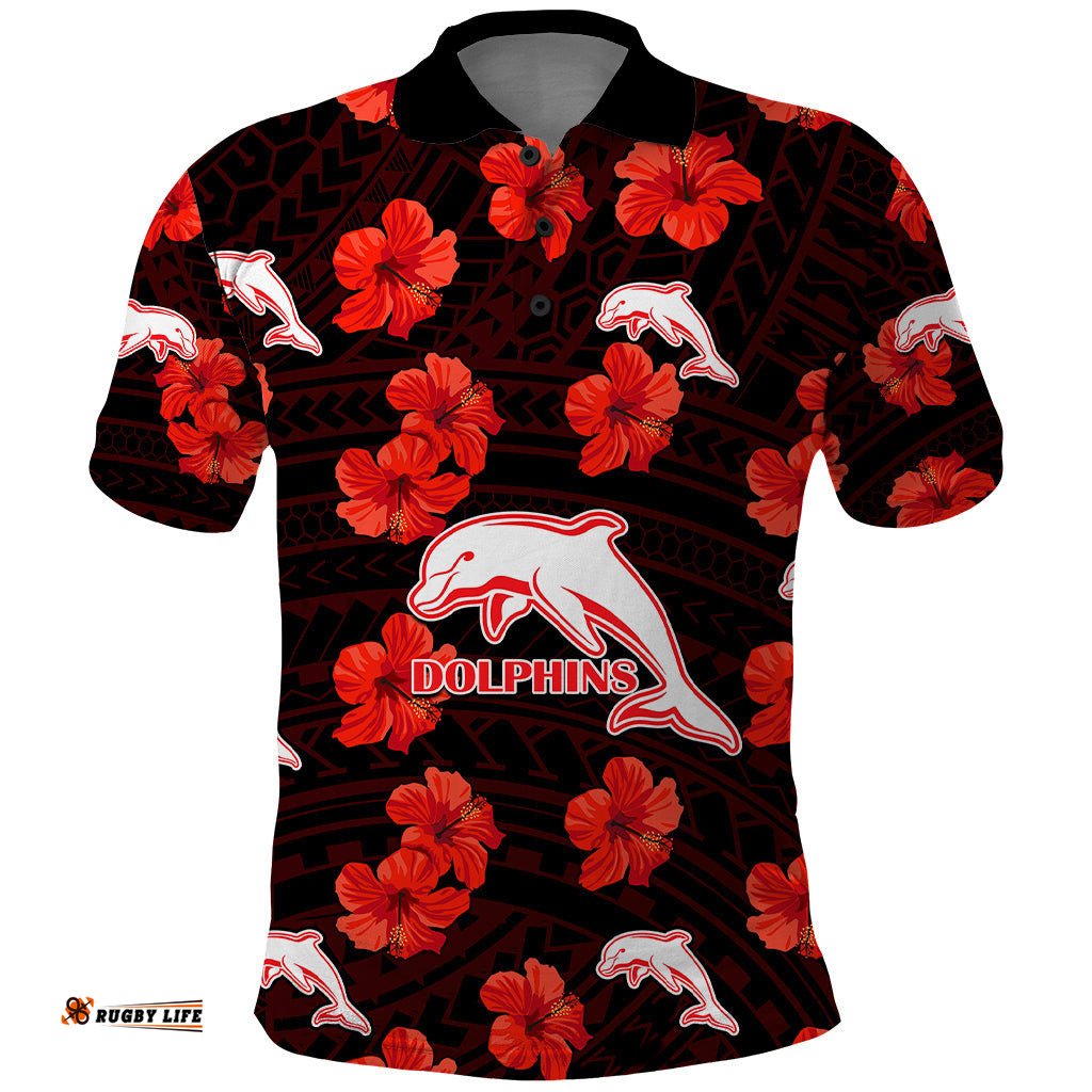 Custom Text And Number Dolphins Rugby Polo Shirt Polynesian Style With Hibiscus
