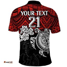 Custom Dragons Rugby Polo Shirt Red V Hibiscus and Turtle With Polynesian Pattern