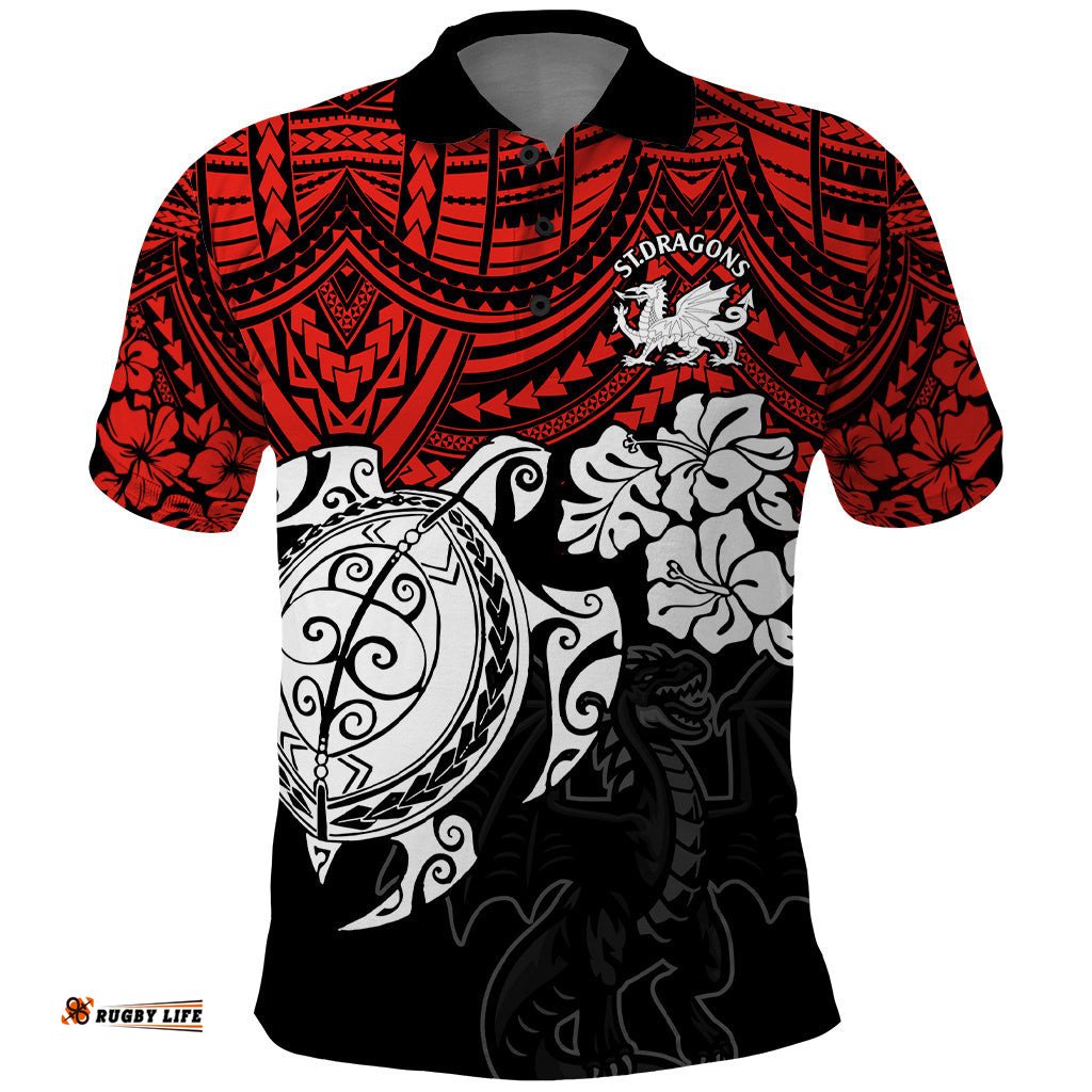 Custom Dragons Rugby Polo Shirt Red V Hibiscus and Turtle With Polynesian Pattern
