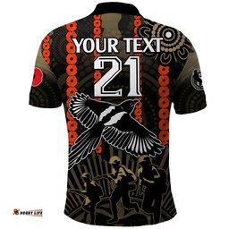 Custom Text And Number ANZAC Collingwood Football Polo Shirt Proud To Be Magpies Poppy Flowers and Aboriginal Version