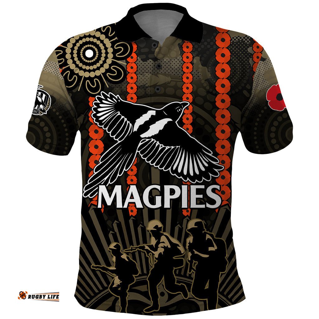 Custom Text And Number ANZAC Collingwood Football Polo Shirt Proud To Be Magpies Poppy Flowers and Aboriginal Version