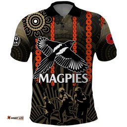 Custom Text And Number ANZAC Collingwood Football Polo Shirt Proud To Be Magpies Poppy Flowers and Aboriginal Version