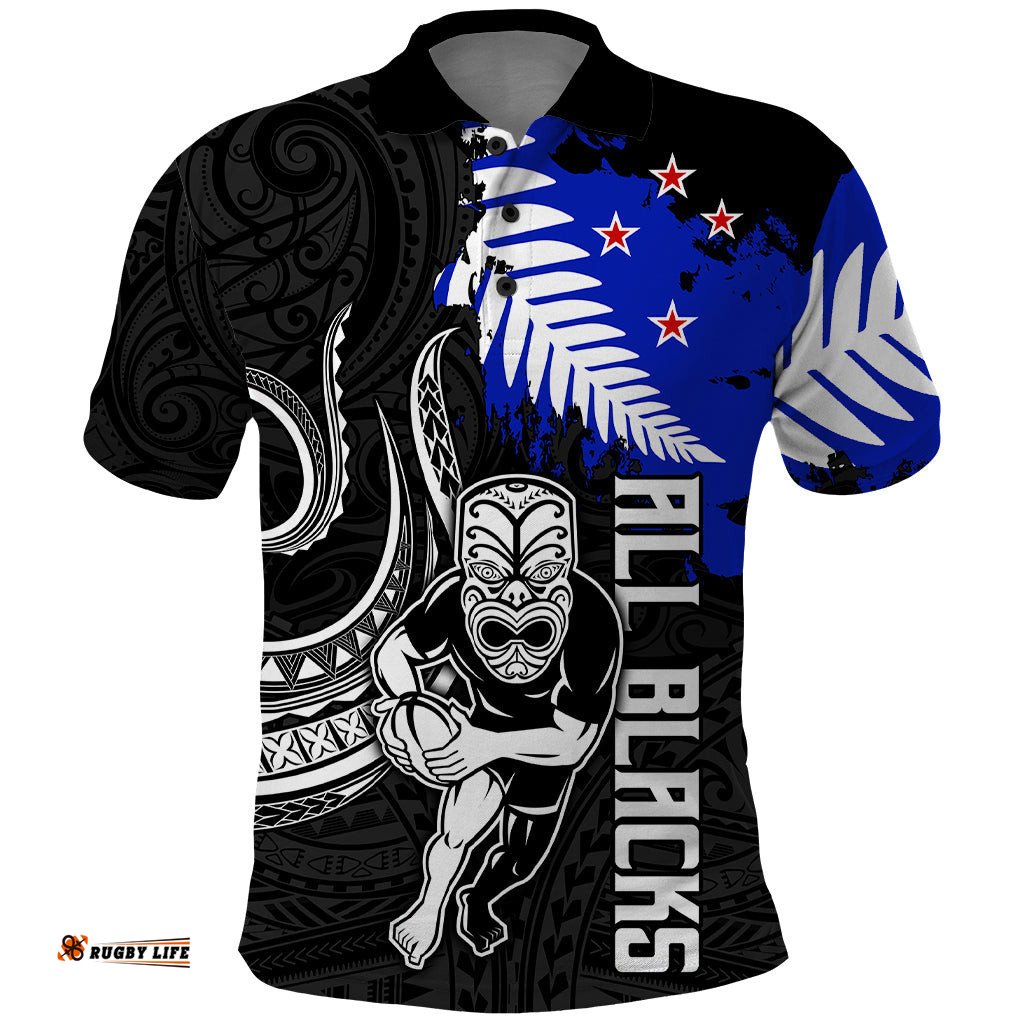 Aotearoa Rugby Polo Shirt All Black Maori Fern