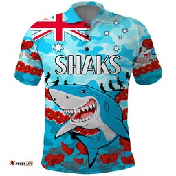 Custom Text And Number Sharks Rugby ANZAC Polo Shirt Lest We Forget