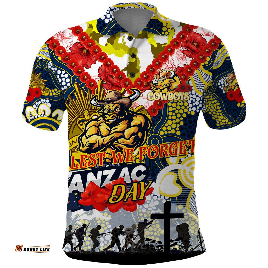 Personalised Cowboys ANZAC Day Polo Shirt Aboriginal Rising Sun