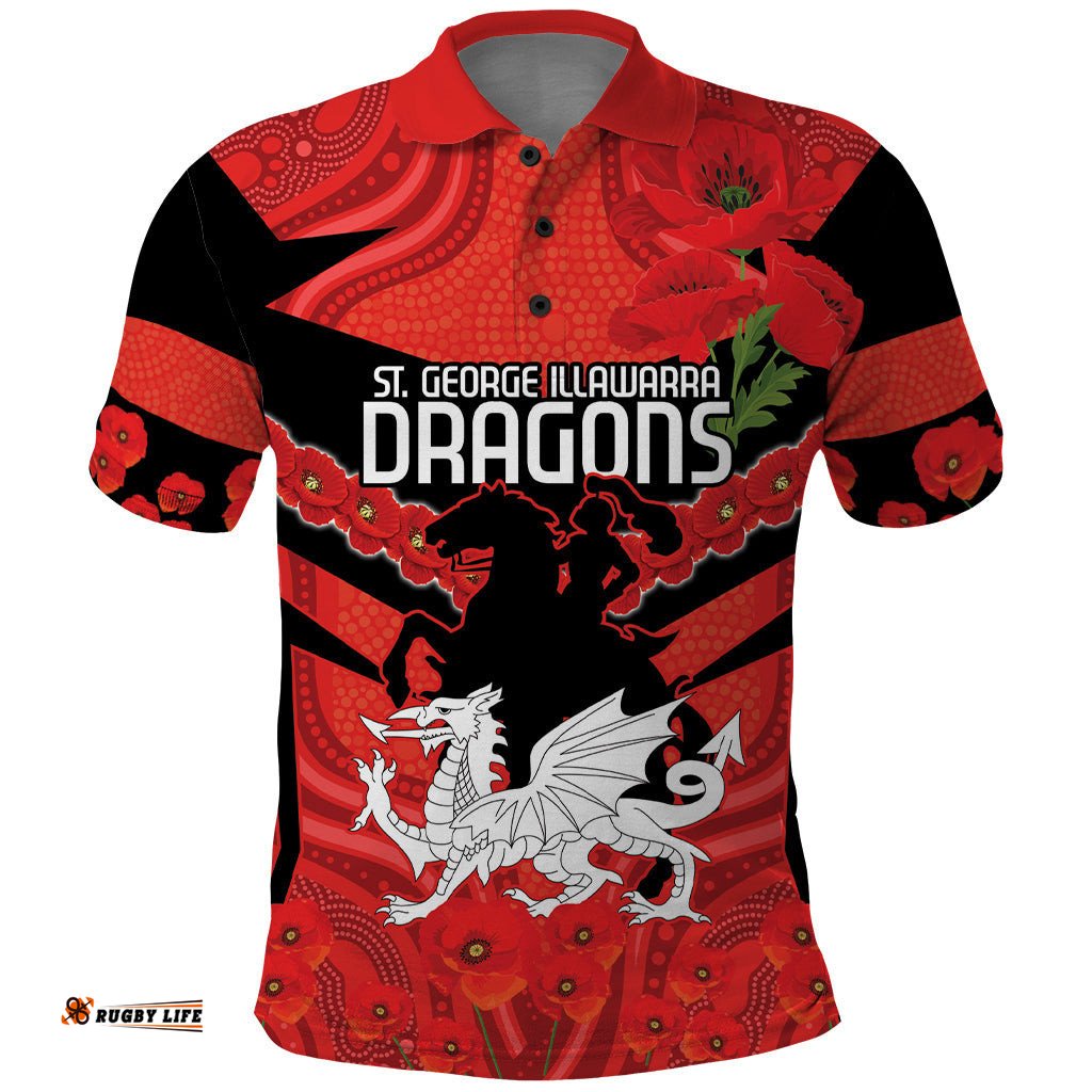 Custom Dragons Rugby ANZAC Polo Shirt Gallipoli Soldier With Aboriginal Art
