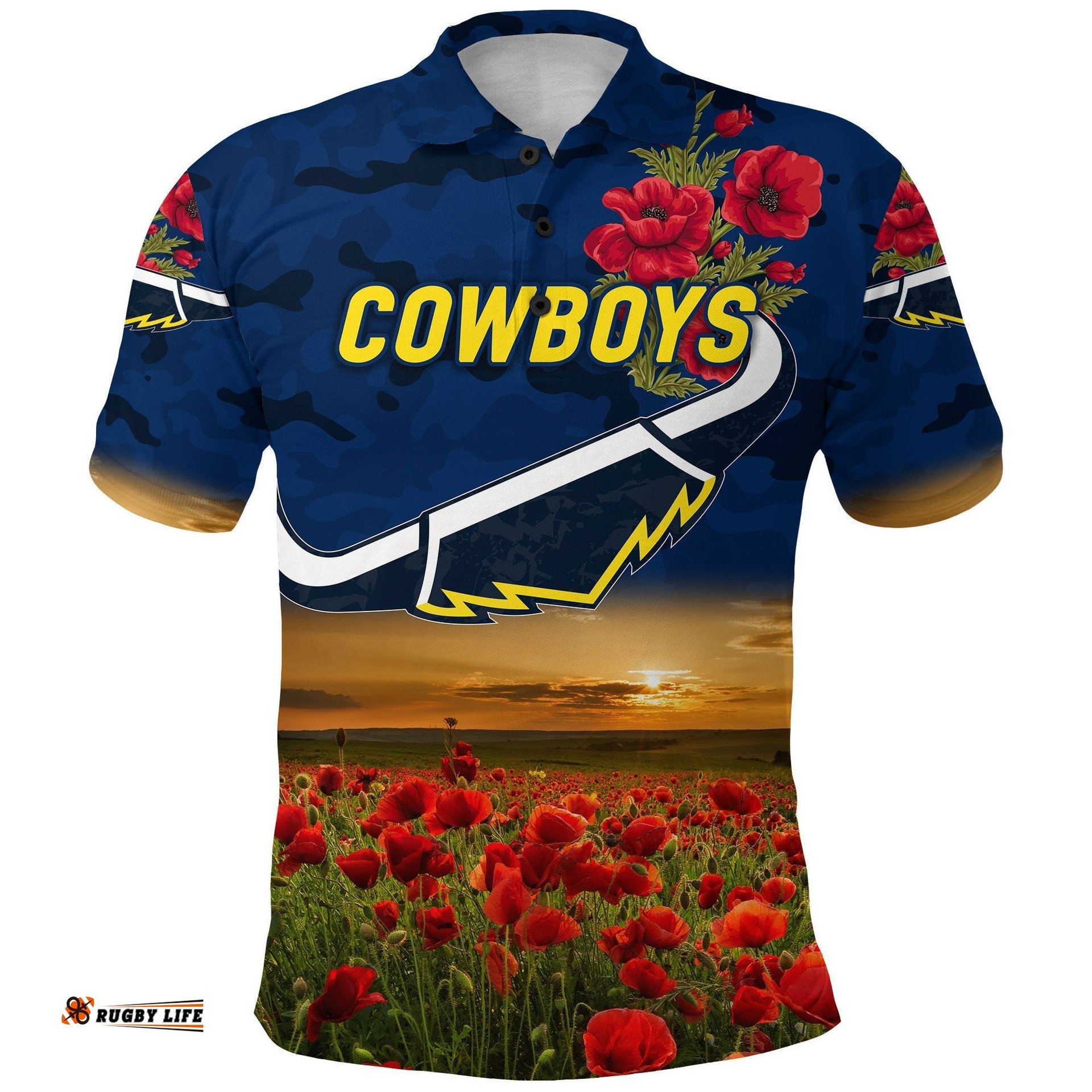 Custom Personalised North Queensland Cowboys ANZAC 2022 Polo Shirt Poppy Flowers Vibes - Blue