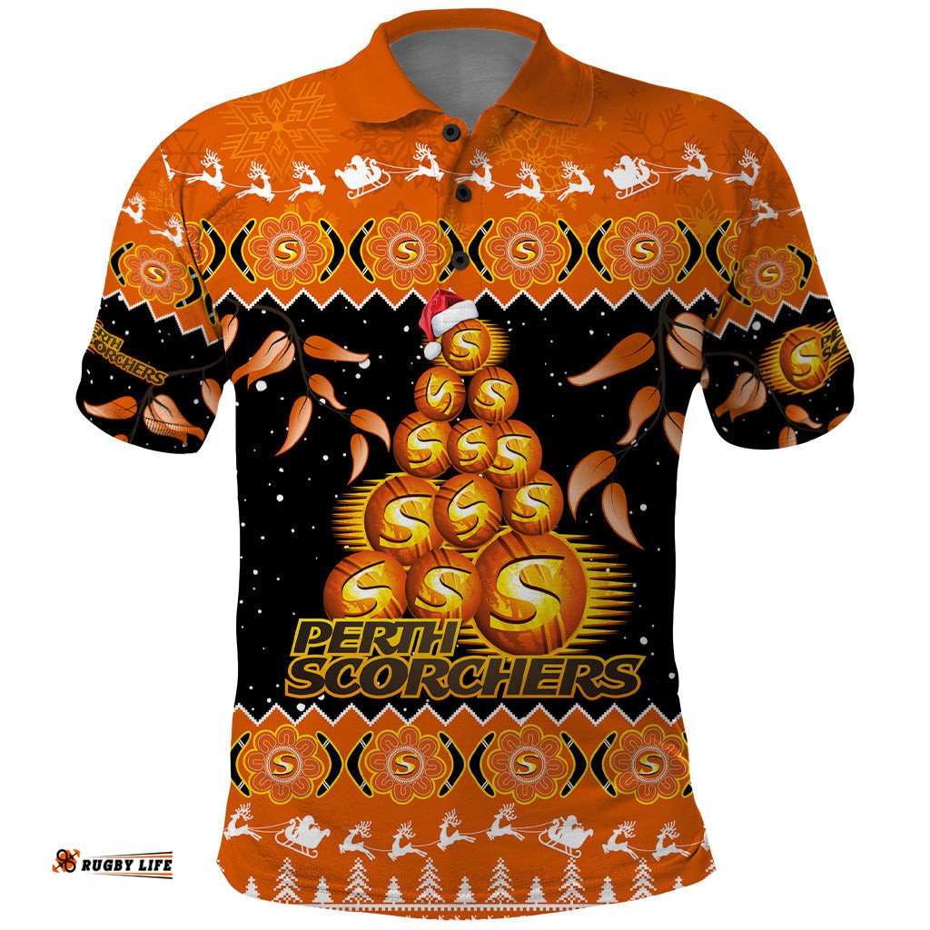 Perth Scorchers Cricket Christmas Polo Shirt Merry Xmas 2023 Indigenous Art