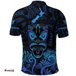 Maori Aotearoa Rugby Haka Polo Shirt New Zealand Silver Fern - Blue