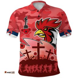 Custom Personalised Roosters Anzac Day Polo Shirt Military - Red