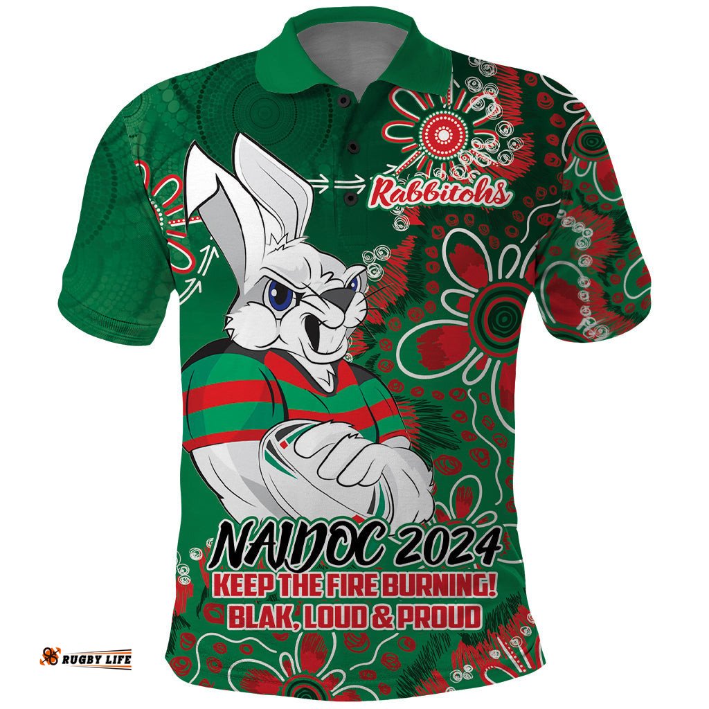 Personalised Rabbitohs NAIDOC Week 2024 Polo Shirt Aboriginal Fire Burning Sparks