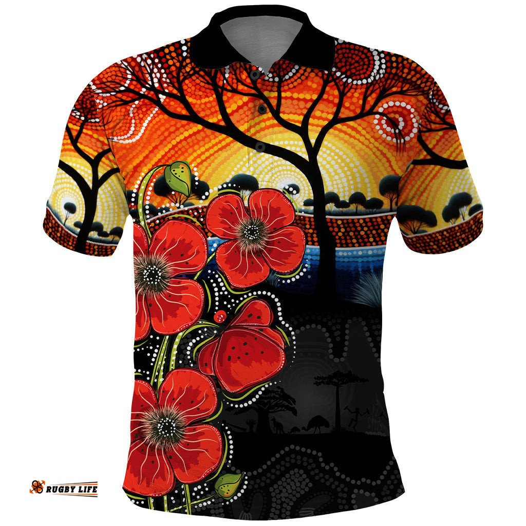 ANZAC Day Australia Poppy Flower Polo Shirt Aboriginal Style