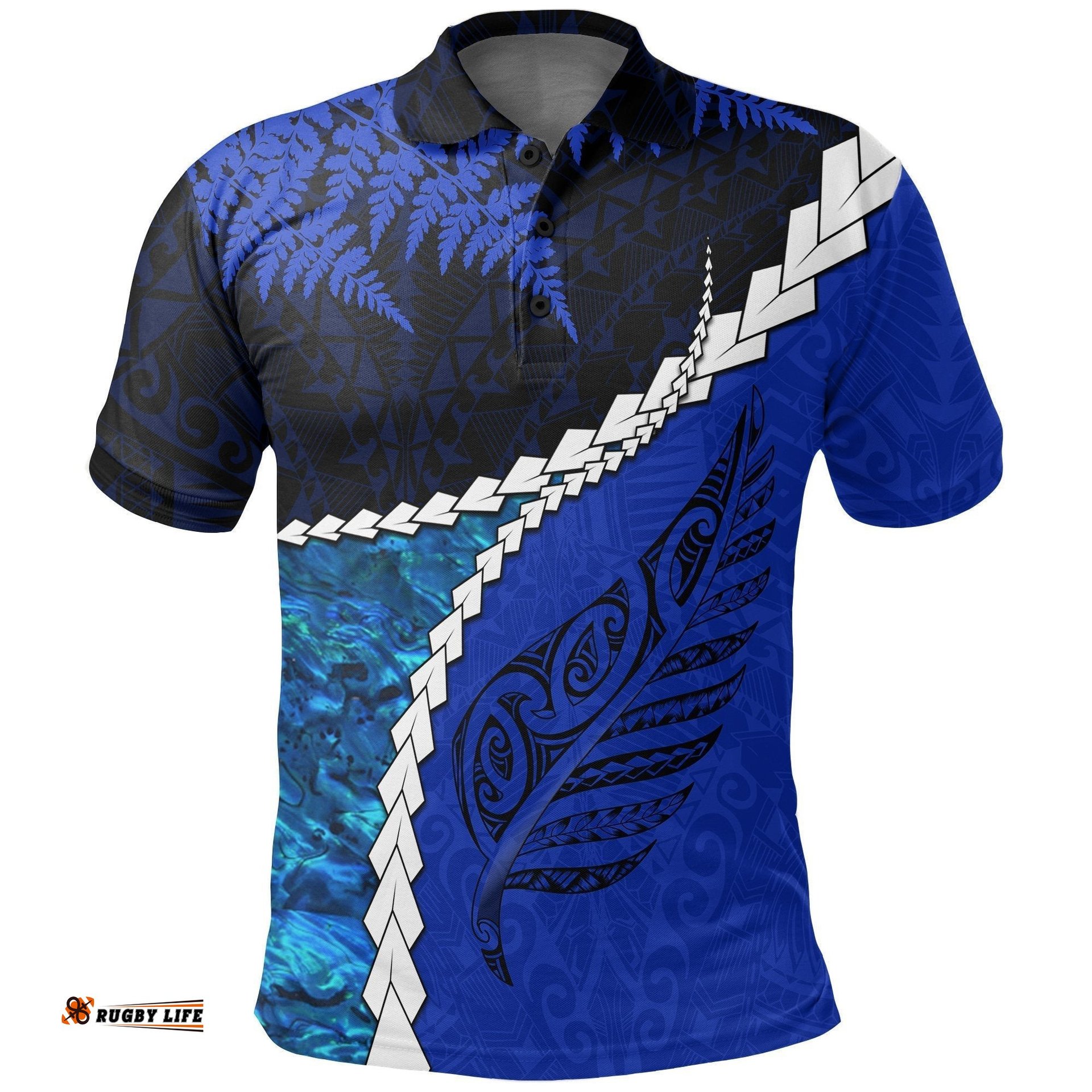 Paua Shell Maori Silver Fern Polo Shirt Cobalt