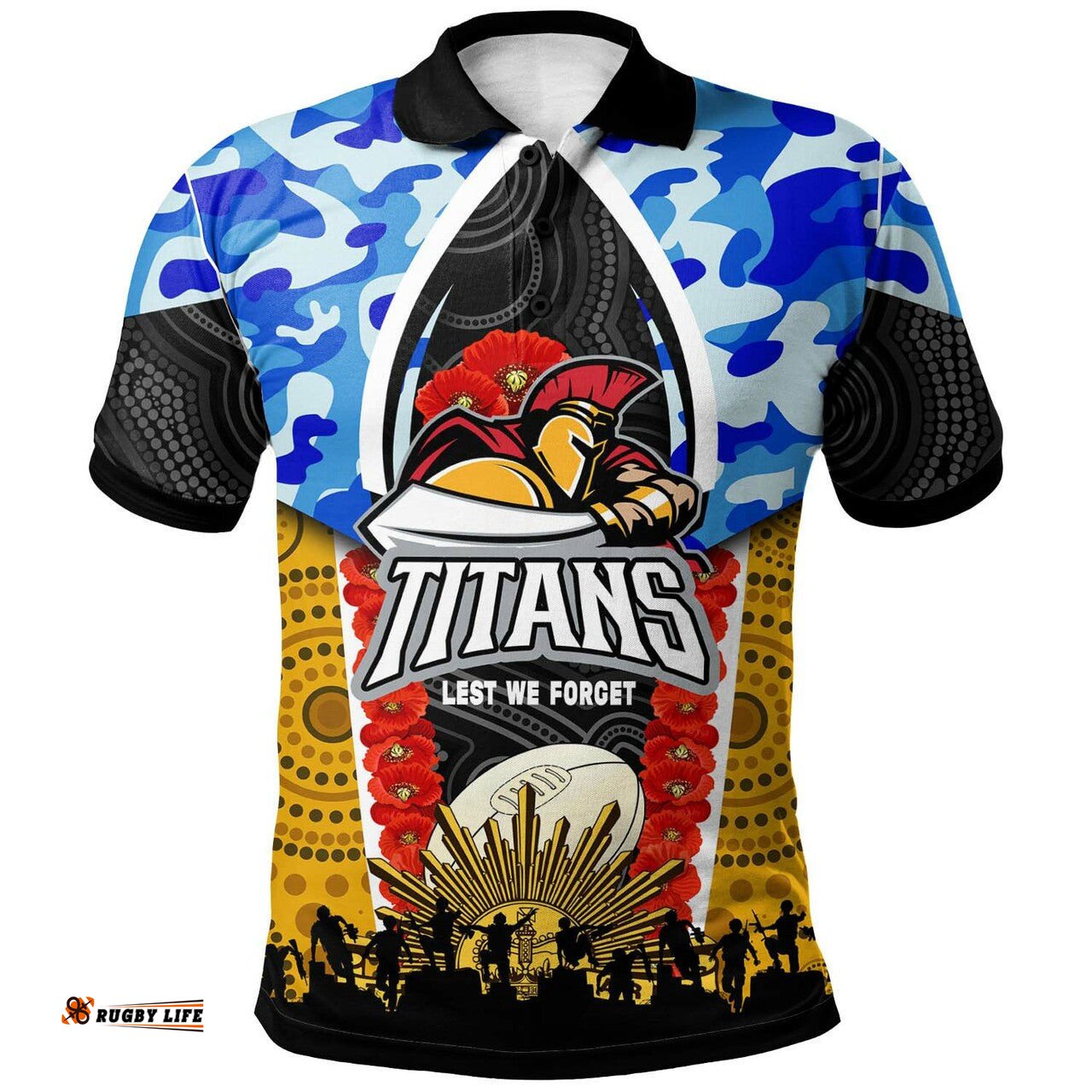 Titans Rugby Polo Shirt - Custom Anzac Gold Coast Titans Aboriginal Pattern Polo Shirt