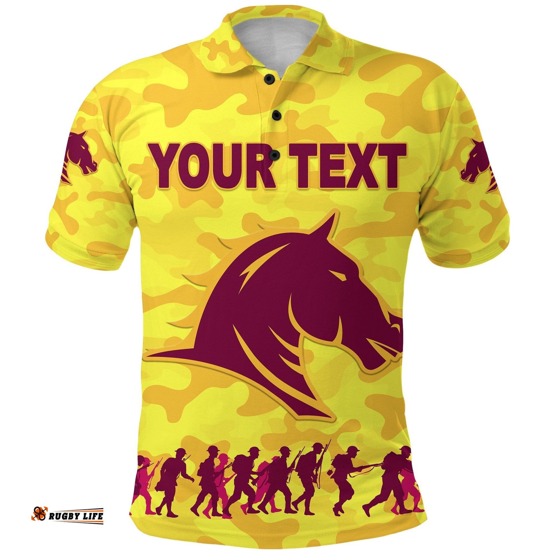 Custom Personalised Brisbane Broncos Polo Shirt Anzac Day Camouflage Vibes - Yellow