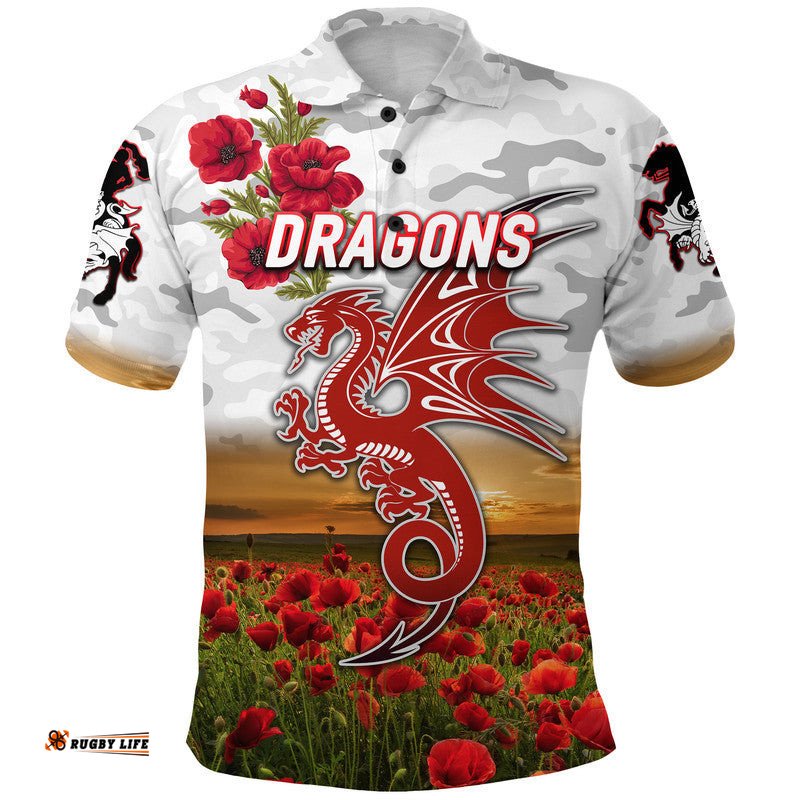 St. George Illawarra Dragons ANZAC 2022 Polo Shirt Poppy Flowers Vibes - White