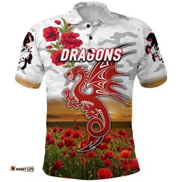 St. George Illawarra Dragons ANZAC 2022 Polo Shirt Poppy Flowers Vibes - White