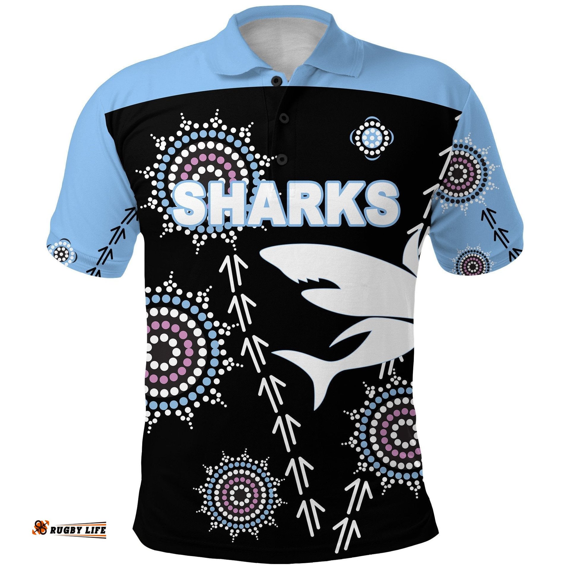 Cronulla Polo Shirt Sharks Simple Indigenous - Black
