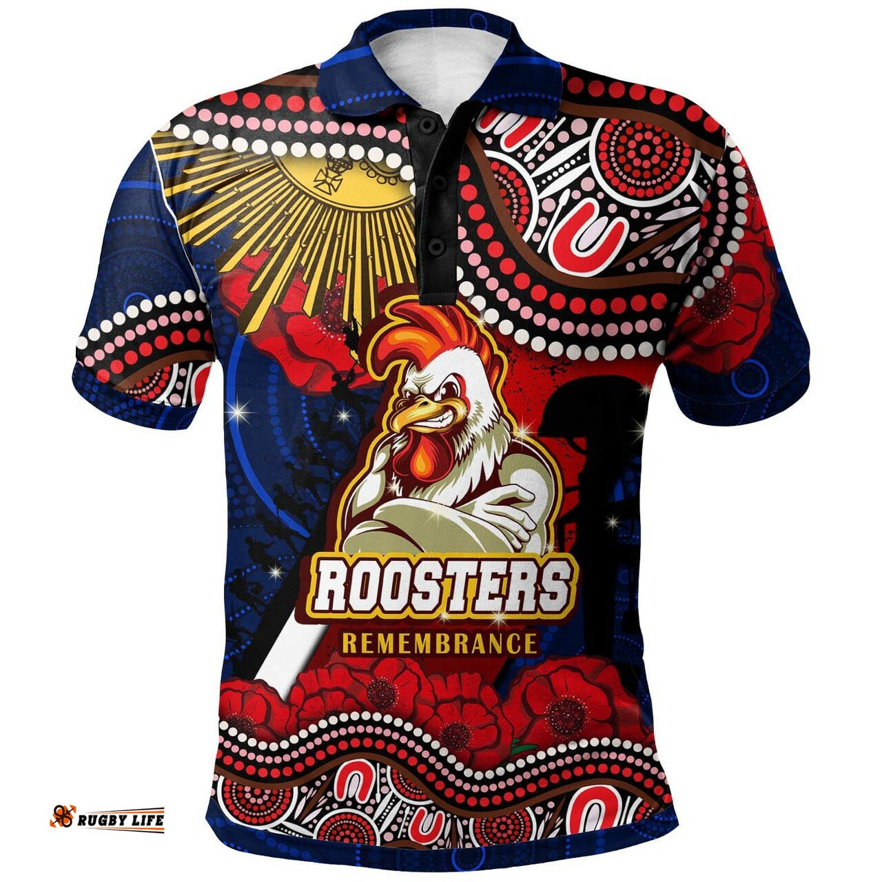 Roosters Rugby Polo Shirt - Custom Anzac Day Sydney Roosters Aboriginal Culture Polo Shirt RLT13