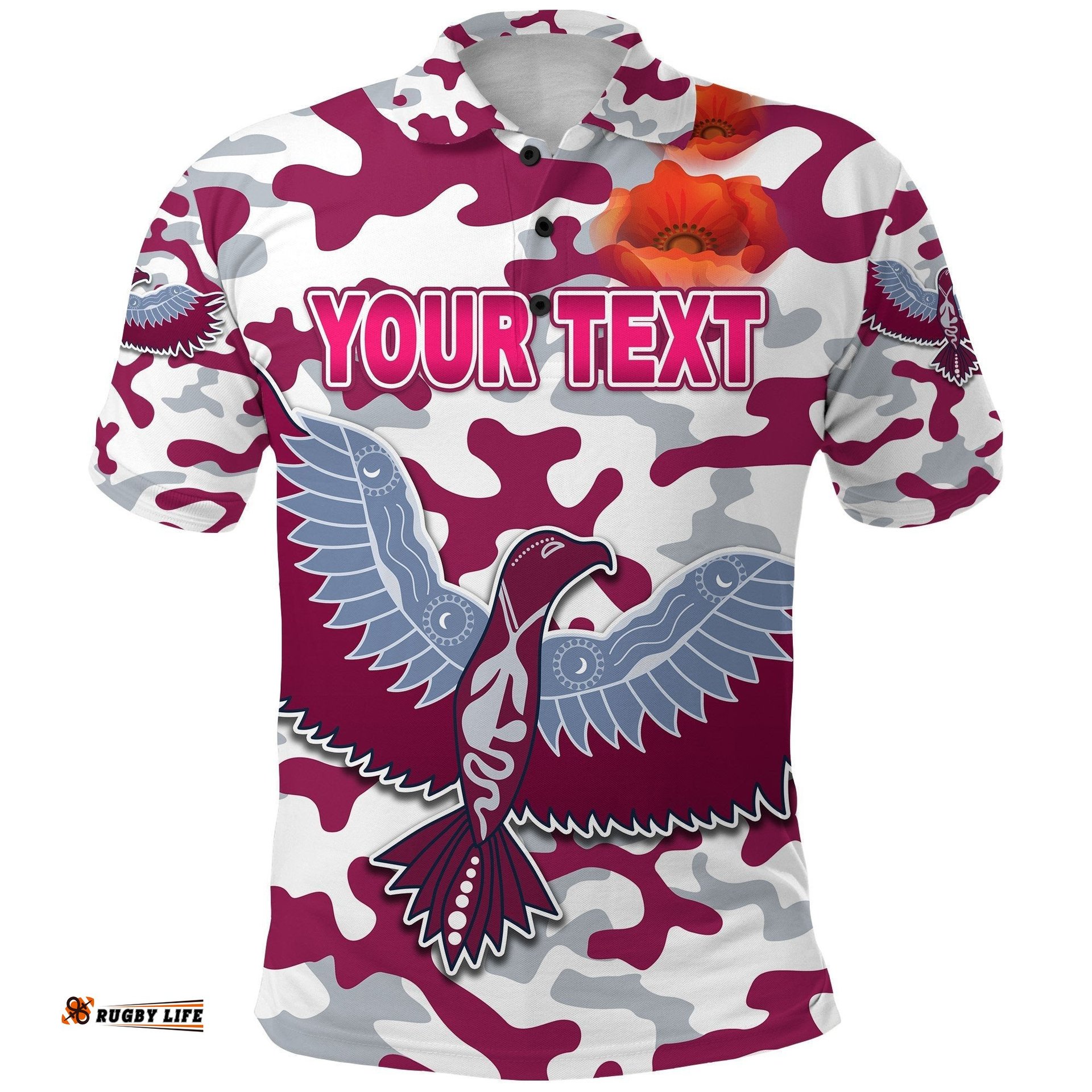 Custom Personalised Manly Warringah Polo Shirt Sea Eagles Anzac Day Camouflage