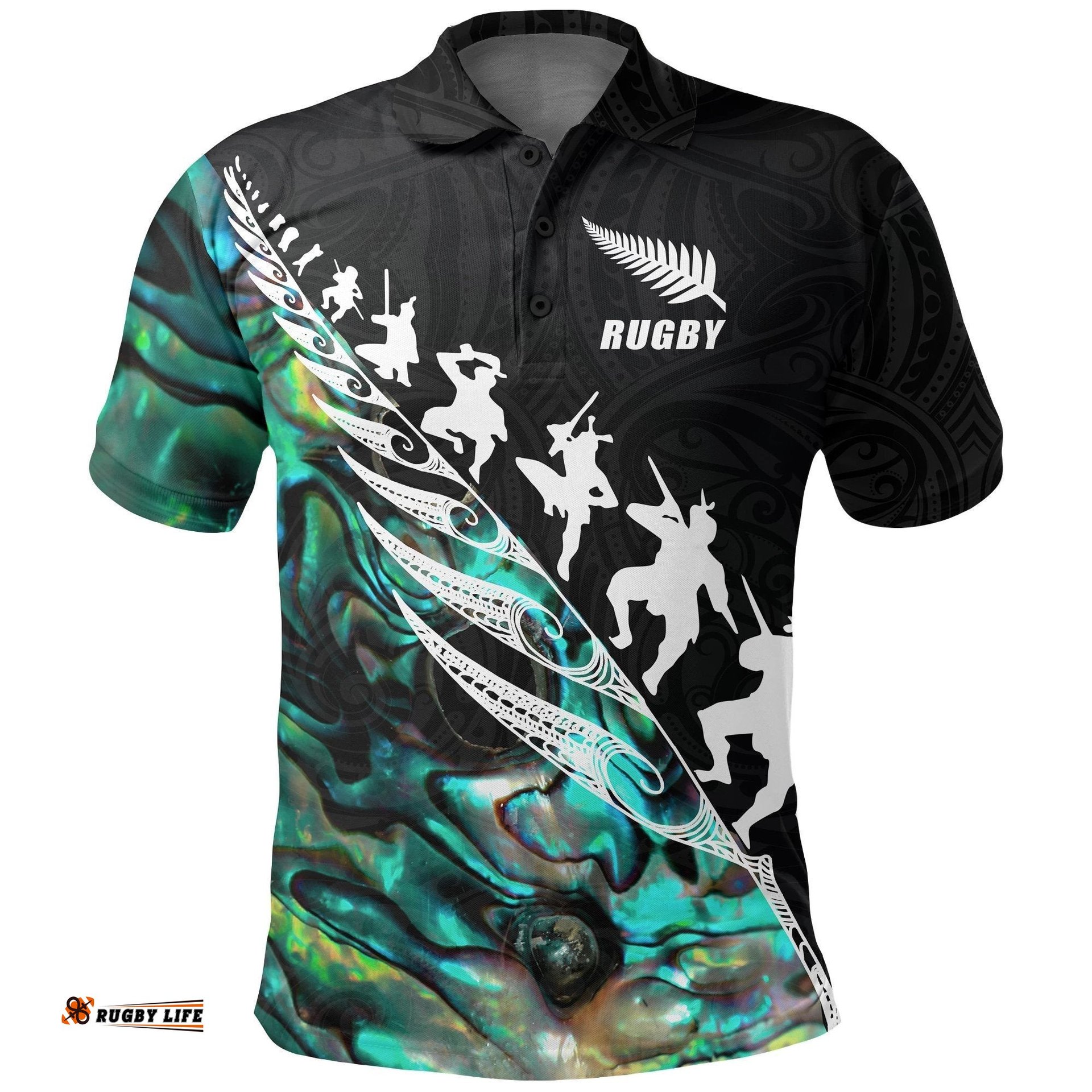Rugby Haka Fern Polo T Shirt Paua Shell