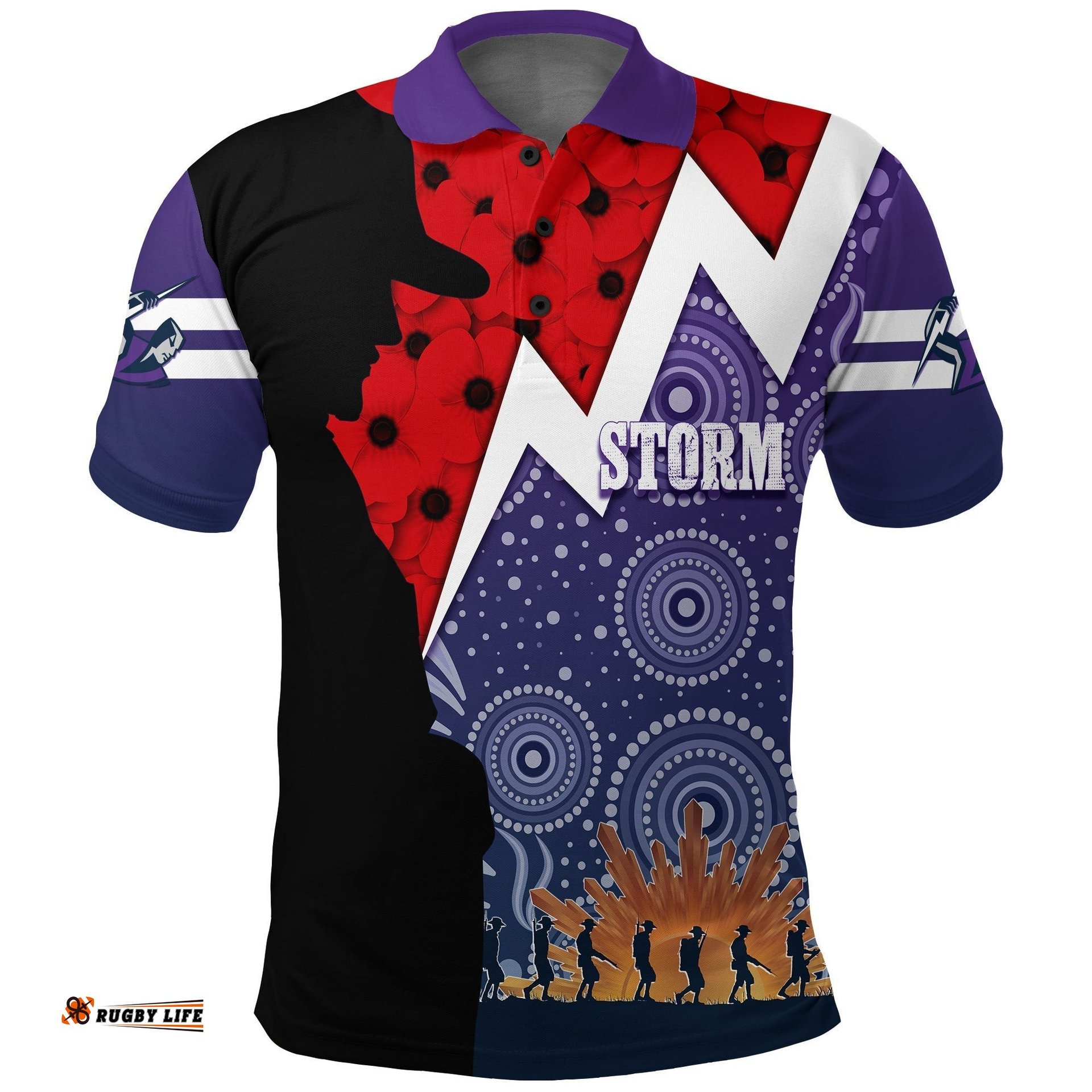 Melbourne Storm Rugby Polo Shirt Anzac Day Thunder Style