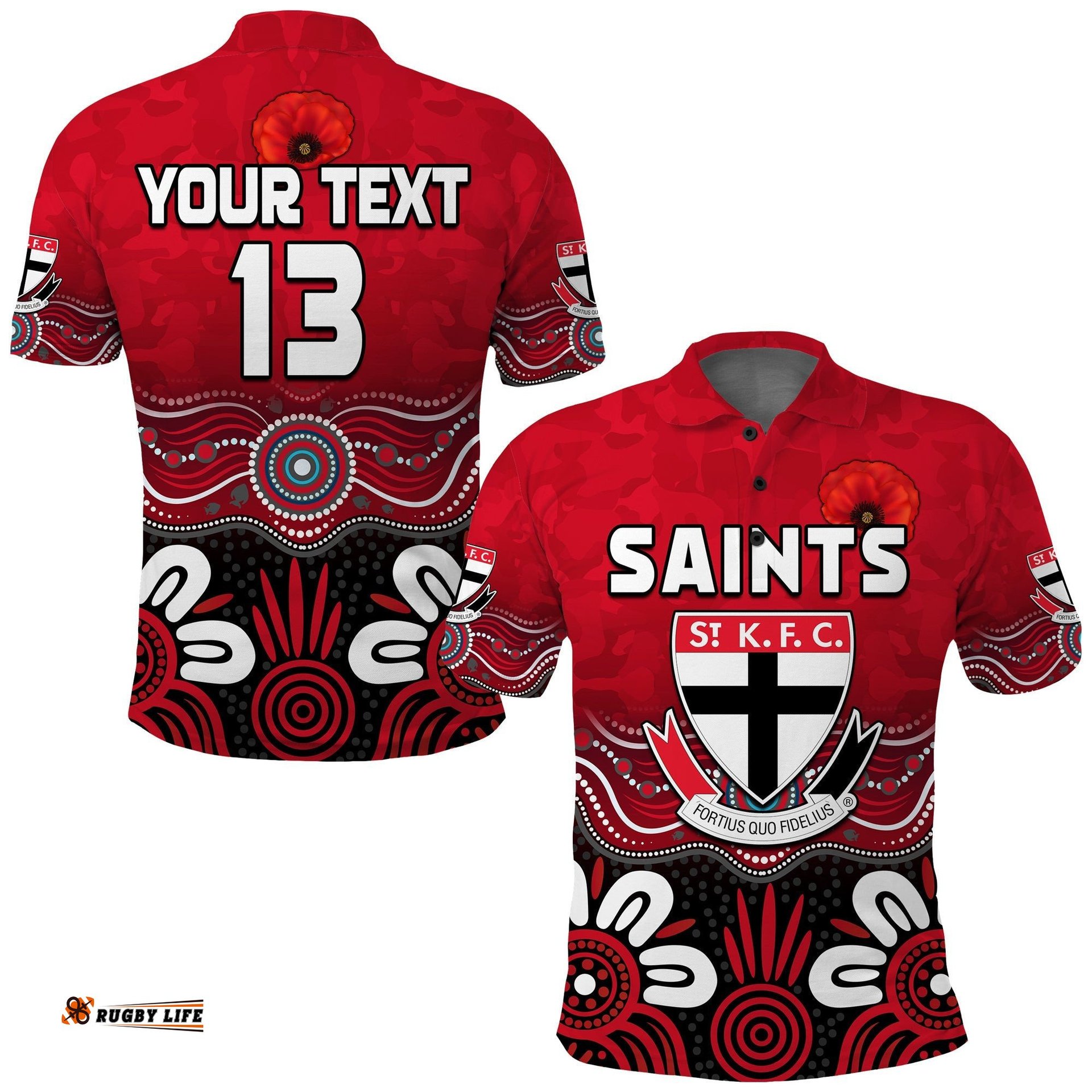 Custom Text and Number Saints Anzac 2022 Polo Shirt St Kilda Aboriginal Remember Them