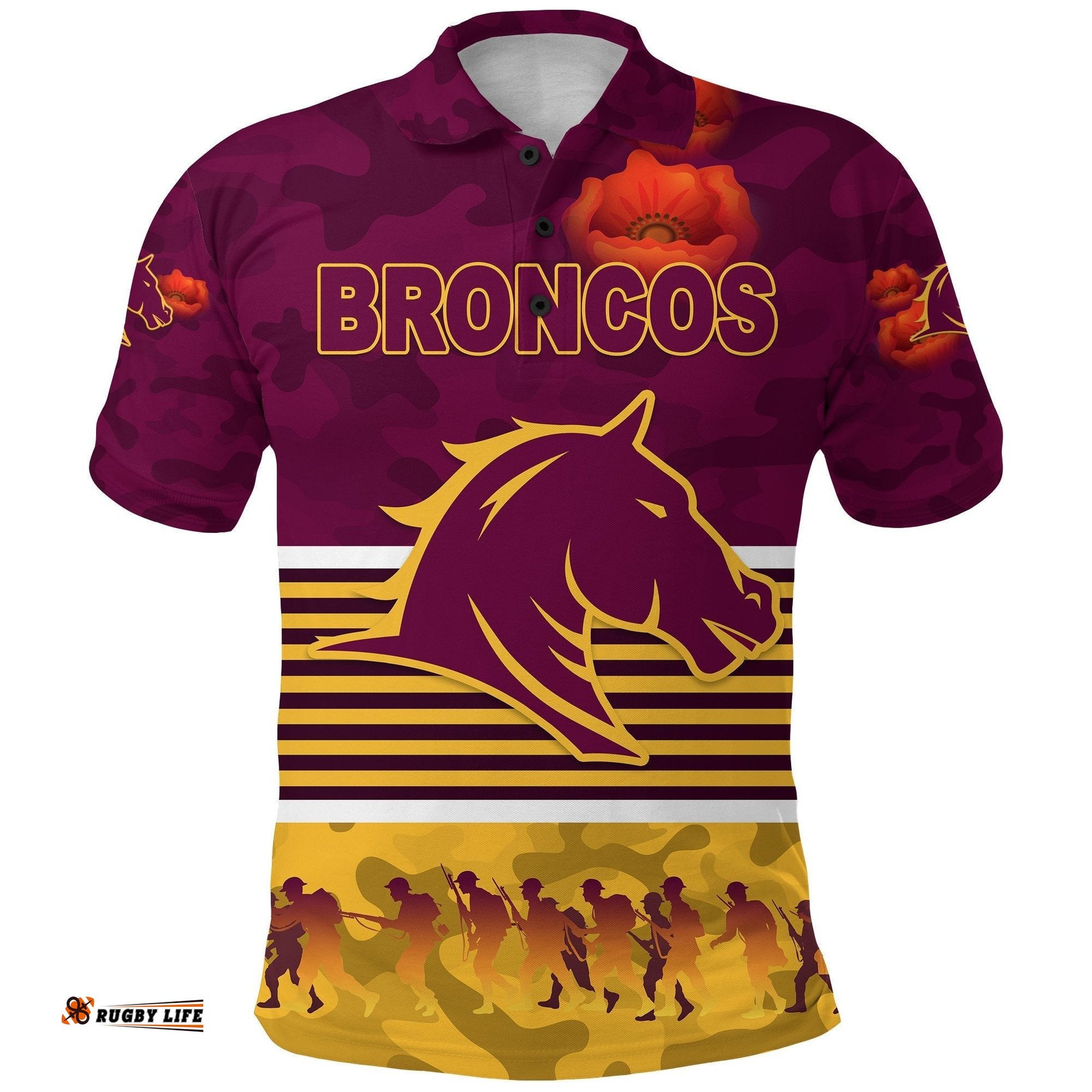 Brisbane Broncos Polo Shirt Anzac Day Simple Style - Maroon