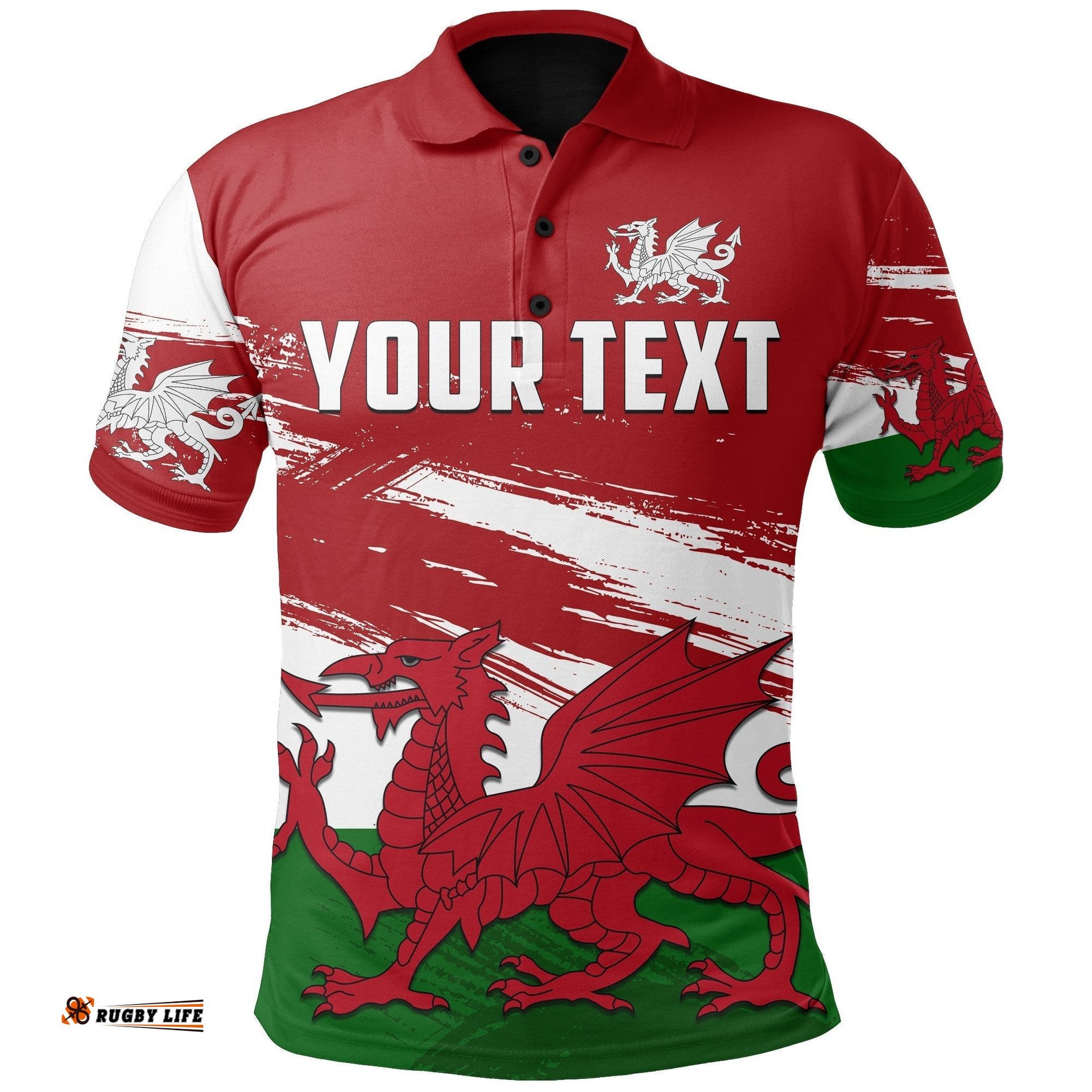 Custom Personalised Wales - Cymru Rugby Polo Grunge Style